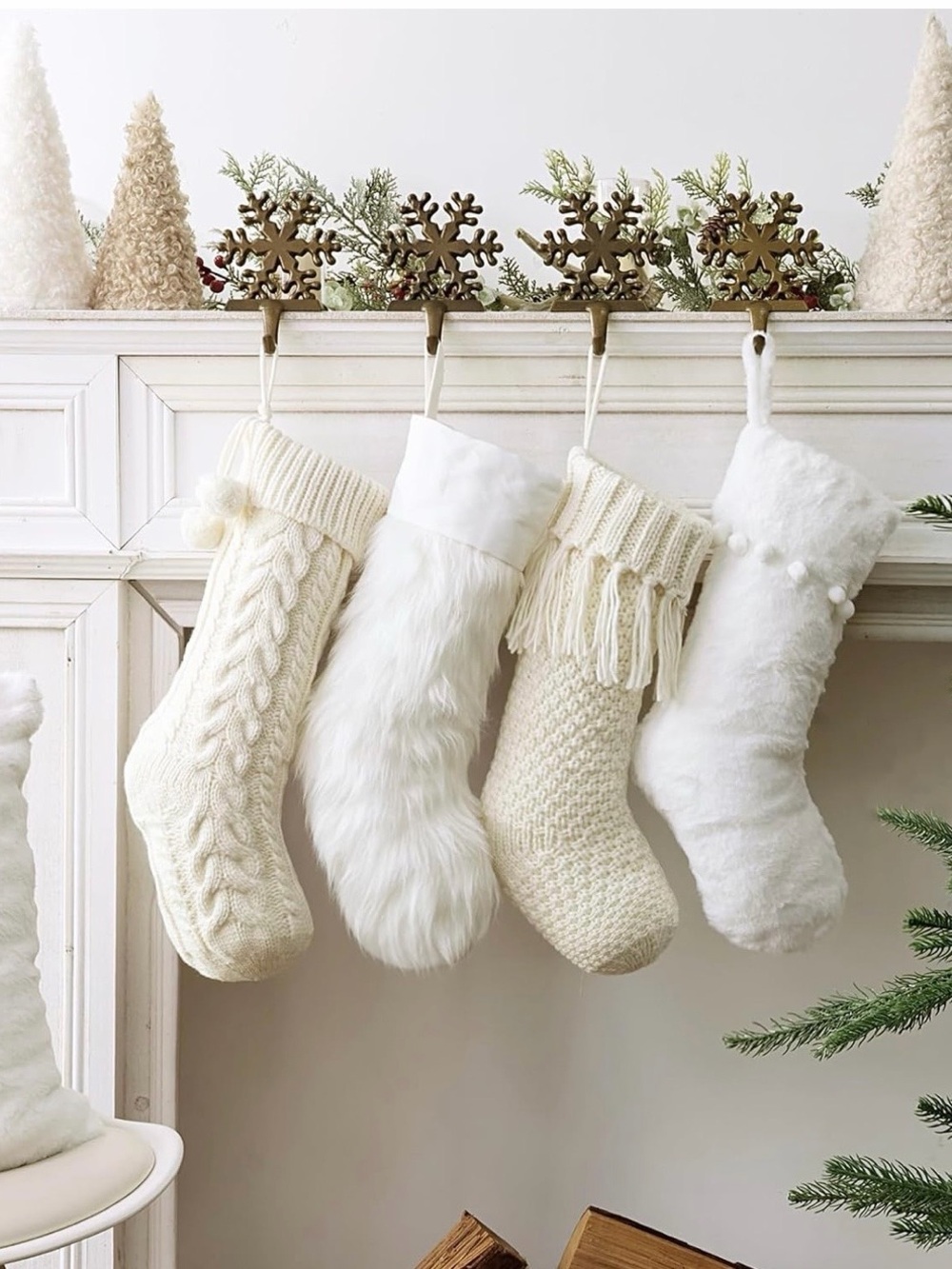 LOT OF 4 Christmas Stockings 18” White Plush Faux  Fur & Off White Cable Knitted